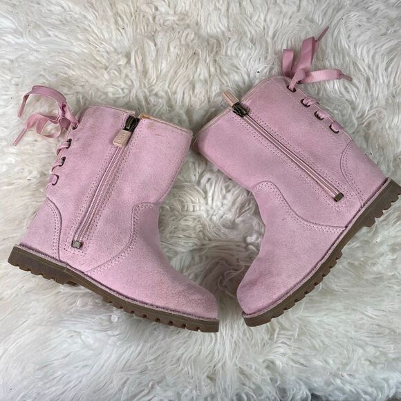 UGG Girls Corene Suede Like Pink Lace Up Back Zip Up Sides Boots Size 9 - Picture 2 of 12